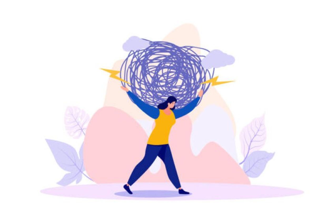 Illustration représentant la charge mentale chez les femmes, entre travail, famille et responsabilités du quotidien.